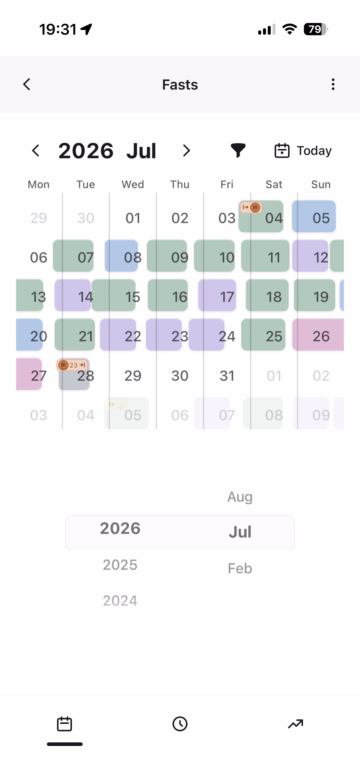 Stay at Zero calendar month and year view